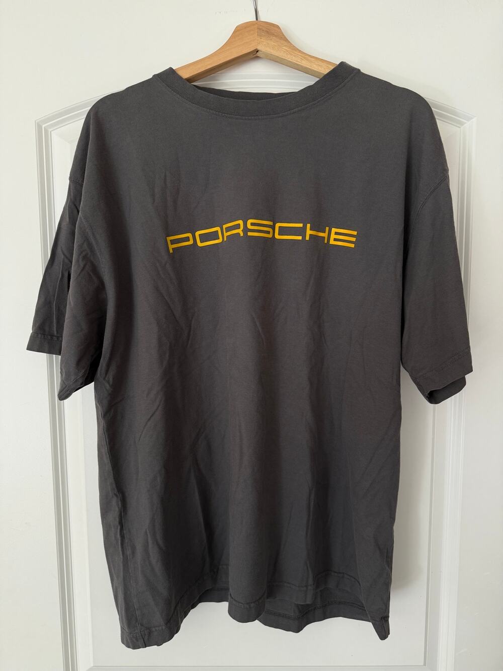 Porsche Embroidered Spellout T Shirt Gray Yellow Logo Tee XLarge